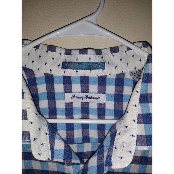 Tommy Bahama Mens XL Gingham Linen Blend Short Sleeve Button Up Shirt Blue White - Picture 4 of 9